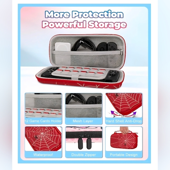 Nintendo Switch 2 Carrying Case - Red Cute Kawaii Design with Handle and Strap - Picture 4 of 9